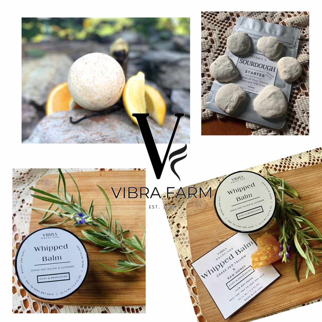 Image shows a collage of Vibra Farm products including whipped grass fed tallow lotion, bath bombs, sourdough starter kit, lip balm, tallow balm, lavender leaves, honey, lemons, and other natural materials used to create the products.