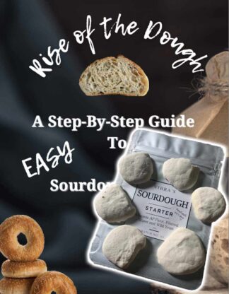 Image shows the cover of The Rise of the Dough Ebook and the sourdough starter product.